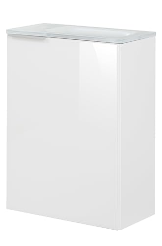 FACKELMANN Kara Gäste-WC Set 2 Teile – Waschtischunterschrank in Weiß mit Glasfront Weiß mit Waschbecken aus Glas in Weiß – SBC Waschbeckenunterschrank schmal – Türanschlag rechts – 45 cm breit von FACKELMANN