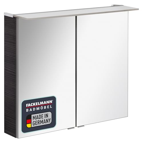 FACKELMANN B.PERFEKT LED Spiegelschrank 80 cm, Anthrazit, Dark Oak Design, Zerlegt, Made in Germany – 2 Spiegeltüren, Innenspiegel, Gedämpfte Scharniere von FACKELMANN