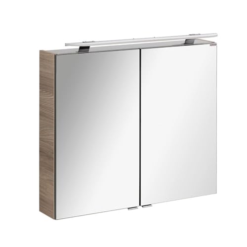 FACKELMANN LED Spiegelschrank Luxor/Badschrank mit Soft-Close-System/Maße (B x H x T): ca. 80 x 68 x 16 cm/Schrank fürs Bad mit Spiegel und LED-Aufsatzleuchte / 2 Türen/Korpus: Braun hell von FACKELMANN