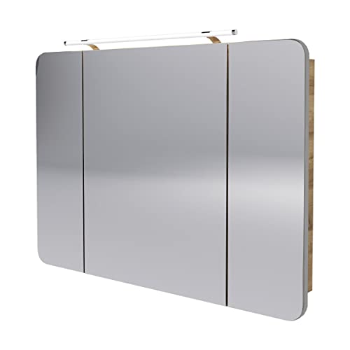 FACKELMANN Milano Spiegelschrank mit LED-Beleuchtung – Alibertschrank 3-türig fürs Badezimmer (110 cm x 78 cm x 15,5 cm) – Badschrank mit Spiegelfläche in Holz braun von FACKELMANN