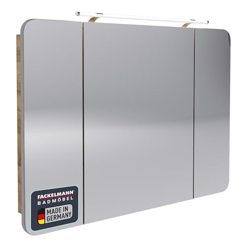 FACKELMANN Milano Spiegelschrank mit LED-Beleuchtung – Alibertschrank 3-türig fürs Badezimmer (110 cm x 78 cm x 15,5 cm) – Badschrank mit Spiegelfläche in Holz braun von FACKELMANN