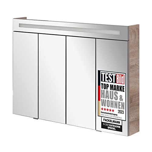 FACKELMANN TWINDY LED-Spiegelschrank Eiche Natur, 110 x 79 x 17 cm, Badschrank mit Falttürentechnik und 3D-Effekt – Optimal für stilvolle Badezimmer von FACKELMANN