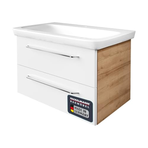 FACKELMANN Milano Badmöbel Set 2 Teile – Waschtisch mit Unterschrank fürs Bad – Waschbeckenunterschrank mit Schubladen in Weiß mit Holz braun – Badschrank hängend – 90 cm breit FACKELMANN Milano Badmöbel Set 2 Teile – Waschtisch mit Unterschrank fürs Bad – Waschbeckenunterschrank mit Schubladen in Weiß mit Holz braun – Badschrank hängend – 90 cm breit von FACKELMANN
