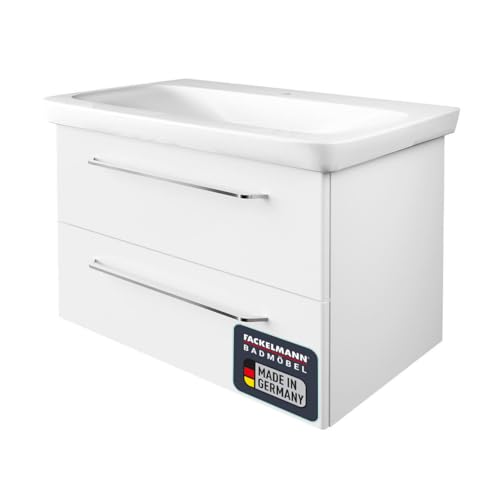 FACKELMANN Milano Badmöbel Set 2-teilig, Waschbecken aus Keramik, Waschbeckenunterschrank mit 2 Schubladen in Weiß, verchromte Griffe, hängend, 90 cm breit von FACKELMANN