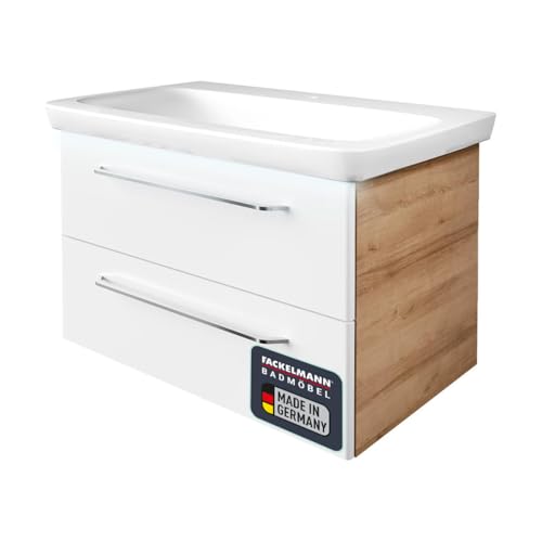 FACKELMANN Milano Badmöbel Set 3 Teile – Waschbecken aus Keramik in Weiß mit Unterschrank in Weiß mit Holz braun – Waschbeckenunterschrank mit Schubladen und Beleuchtung – 88 cm breit FACKELMANN Milano Badmöbel Set 3 Teile – Waschbecken aus Keramik in Weiß mit Unterschrank in Weiß mit Holz braun – Waschbeckenunterschrank mit Schubladen und Beleuchtung – 88 cm breit von FACKELMANN