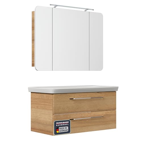 FACKELMANN Milano Badmöbel Set 3 Teile – Waschtisch mit Unterschrank und Spiegelschrank in Holz braun – Waschbeckenunterschrank – Alibertschrank mit LED-Beleuchtung – 100 cm breit von FACKELMANN