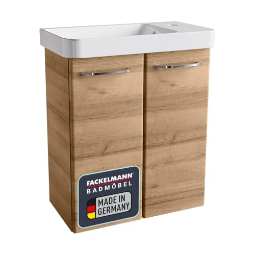 FACKELMANN Milano Gäste-WC Set, 55 cm Breite, Korpus & Front Braun hell, Badschrank mit Soft-Close-System, Waschbecken + Waschbeckenunterschrank inkl. 2 Schubladen von FACKELMANN