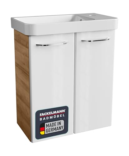 FACKELMANN Milano Gäste WC Set 2 Teile/Waschbecken/Waschbeckenunterschrank mit 2 Türen/Badschrank mit Soft-Close/Badmöbel Set fürs kleine Bad/Korpus: Braun hell/Front: Weiß/Breite: 55 cm von FACKELMANN