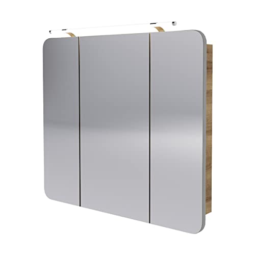 FACKELMANN Milano Spiegelschrank mit LED-Beleuchtung – Alibertschrank 3-türig fürs Badezimmer (90 cm x 78 cm x 15,5 cm) – Badschrank mit Spiegelfläche in Holz braun von FACKELMANN