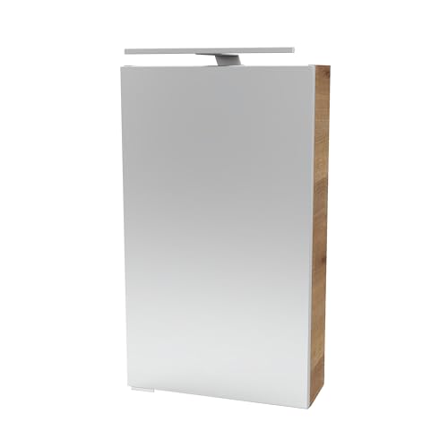 FACKELMANN Milano Spiegelschrank mit LED-Beleuchtung – Alibertschrank für Bad und Gäste-WC (40 x 68 x 15,3 cm) – SBC Badschrank mit Spiegel in Holz Braun – Tür rechts von FACKELMANN