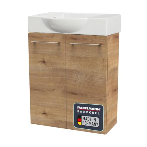 FACKELMANN SBC Gäste-WC Set 2 Teile – Waschtischunterschrank in Holz Braun mit Waschbecken aus Keramik – Waschbeckenunterschrank schmal – 2 Türen – Hahnloch Links – 55 cm breit von FACKELMANN