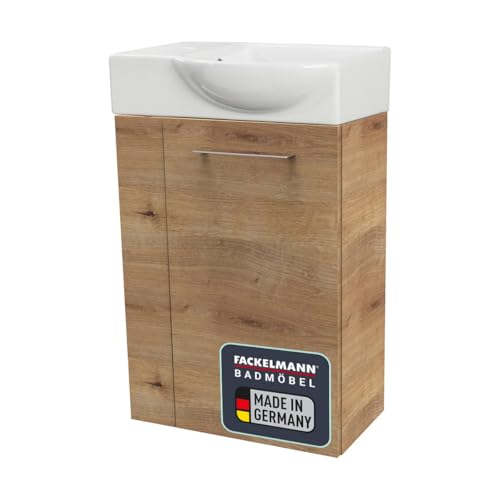 FACKELMANN SBC Gäste-WC Set 2 Teile – Waschtischunterschrank in Holz Braun mit Waschbecken aus Keramik – Waschbeckenunterschrank schmal – Türanschlag rechts – Hahnloch Links – 45 cm breit von FACKELMANN