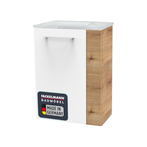 FACKELMANN SBC Gäste-WC Set 2 Teile – Waschtischunterschrank in Weiß mit Holz Braun mit Waschbecken aus Glas in Weiß – Waschbeckenunterschrank schmal – Türanschlag Links – 45 cm breit von FACKELMANN