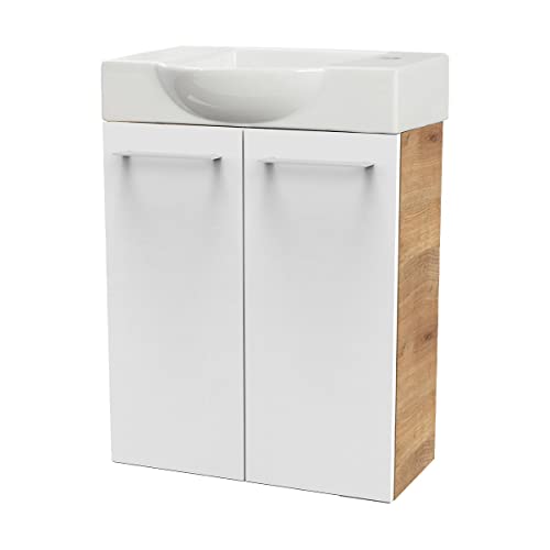FACKELMANN SBC Gäste-WC Set 2 Teile - Waschtischunterschrank in Weiß mit Holz Braun mit Waschbecken aus Keramik - Waschbeckenunterschrank schmal - 2 Türen - Hahnloch rechts - 55 cm breit von FACKELMANN