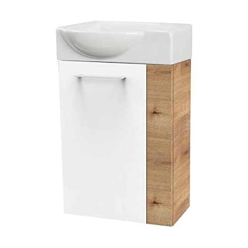 FACKELMANN SBC Gäste-WC Set 2 Teile – Waschtischunterschrank in Weiß mit Holz Braun mit Waschbecken aus Keramik – Waschbeckenunterschrank schmal – Türanschlag Links – Hahnloch rechts – 45 cm breit von FACKELMANN