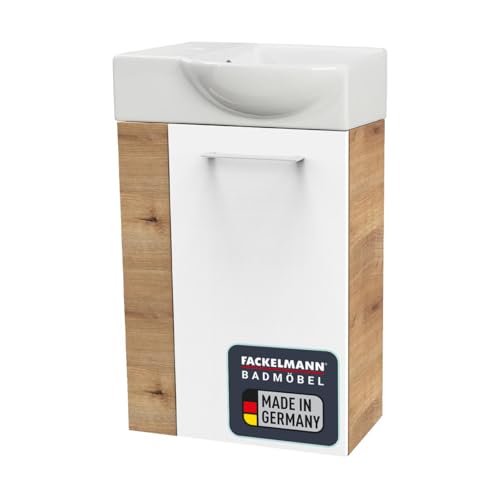 FACKELMANN SBC Gäste-WC Set 2 Teile – Waschtischunterschrank in Weiß mit Holz Braun mit Waschbecken aus Keramik – Waschbeckenunterschrank schmal – Türanschlag rechts – Hahnloch Links – 45 cm breit FACKELMANN SBC Gäste-WC Set 2 Teile – Waschtischunterschrank in Weiß mit Holz Braun mit Waschbecken aus Keramik – Waschbeckenunterschrank schmal – Türanschlag rechts – Hahnloch Links – 45 cm breit von FACKELMANN