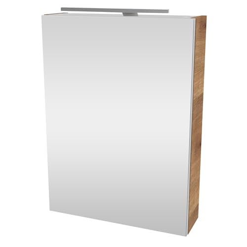 FACKELMANN Milano Spiegelschrank mit LED-Beleuchtung – Alibertschrank für Bad und Gäste-WC (50 x 68 x 15,3 cm) – SBC Badschrank mit Spiegel in Holz Braun – Tür rechts von FACKELMANN