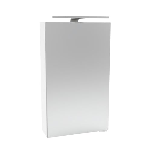 FACKELMANN SCENO Spiegelschrank mit LED-Beleuchtung – Alibertschrank für Bad und Gäste-WC (40 x 68 x 15,3 cm) – SBC Badschrank mit Spiegel in Weiß – Tür Links von FACKELMANN