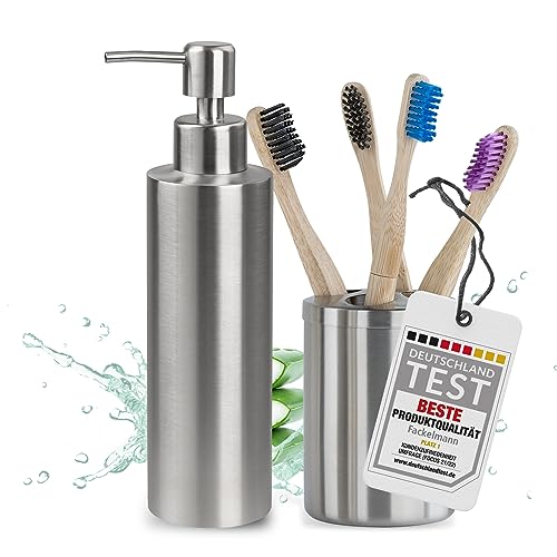 FACKELMANN Seifenspender & Zahnbürstenhalter Tecno, Spender für Flüssigseife aus hochwertigem Edelstahl, Halter für 4 Zahnbürsten, hochwertiger Zahnputzbecher (Farbe: Silber Matt), Menge: 1 x 2er Set von FACKELMANN