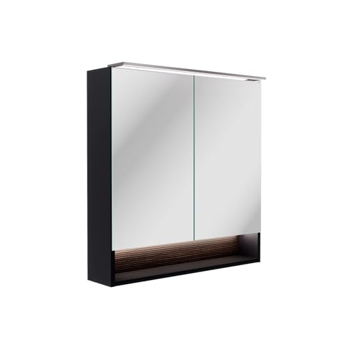 FACKELMANN B.Paris Spiegelschrank – Moderner Spiegelschrank in schwarz mit LED-Beleuchtung und USB-Anschlüssen, 70 cm breit, Zwei Türen mit Innenspiegeln – Made in Germany von FACKELMANN