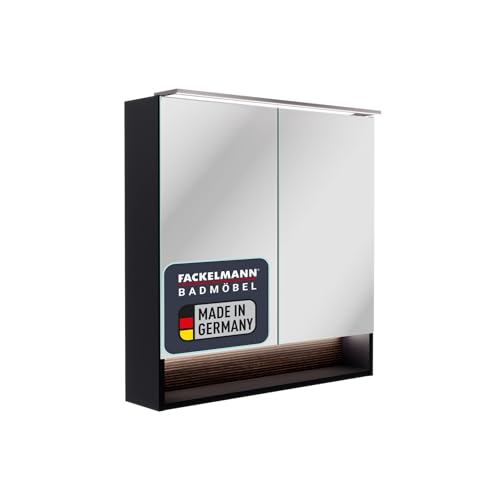 FACKELMANN B.Paris Spiegelschrank – Moderner Spiegelschrank in schwarz mit LED-Beleuchtung und USB-Anschlüssen, 70 cm breit, Zwei Türen mit Innenspiegeln – Made in Germany von FACKELMANN