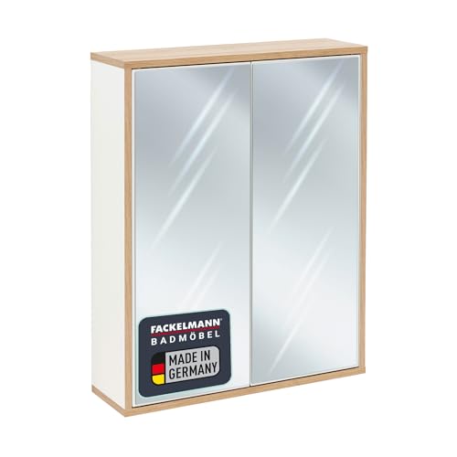 FACKELMANN Finn Spiegelschrank (60 x 75 x 20,5 cm) – Wandschrank mit Spiegel hängend mit 2 Einlegeböden aus Glas – Badschrank mit Türen aus Holz in Weiß und Eichenoptik von FACKELMANN