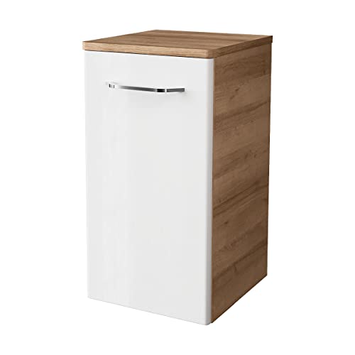 FACKELMANN Milano Unterschrank mit Tür – Schrank fürs Badezimmer (30,5 cm x 57 cm x 32 cm) – Badschrank hängend in Weiß mit Holz braun von FACKELMANN