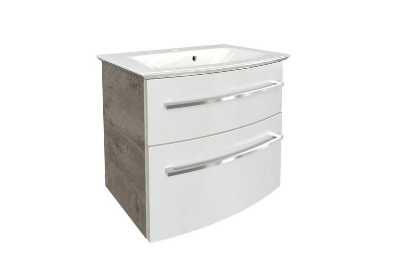 FACKELMANN Waschbeckenunterschrank B.Style Waschtischset 63 cm Korpusfarbe: Nature Oak Frontfarbe: Weiß von FACKELMANN