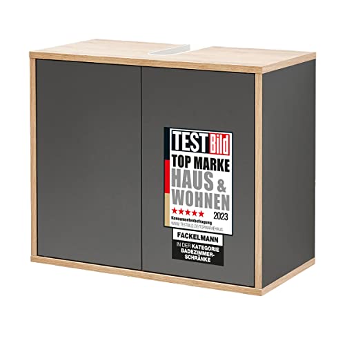 FACKELMANN Waschbeckenunterschrank Finn/Push-to-Open-Technik/Maße (B x H x T): ca. 60 x 50 x 30,5 cm/Schrank fürs Bad mit 2 Türen/Korpus: Schwarz/Front: Schwarz/Rahmendekor: Braun hell von FACKELMANN