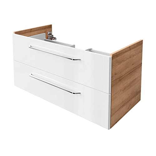 FACKELMANN Milano Waschbeckenunterschrank mit Schubladen – Unterschrank für Waschtisch im Bad (100 cm x 49,5 cm x 48 cm) – Badschrank hängend in Weiß mit Holz braun von FACKELMANN