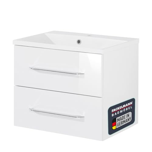 FACKELMANN B.Clever Waschtischunterschrank mit Gussbecken, 60 x 51 x 46 cm, Korpus Weiß matt, Front Weiß Hochglanz, hängend – Modernes Design für Dein Badezimmer von FACKELMANN