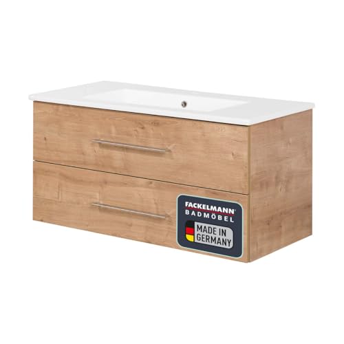 FACKELMANN B.PERFEKT Badmöbel Set aus Waschtischunterschrank und Keramik-Waschbecken, Maße: 103 x 49 x 47 cm, Material: Spanplatte & Keramik, Farbe: AST-Eiche & Weiß von FACKELMANN