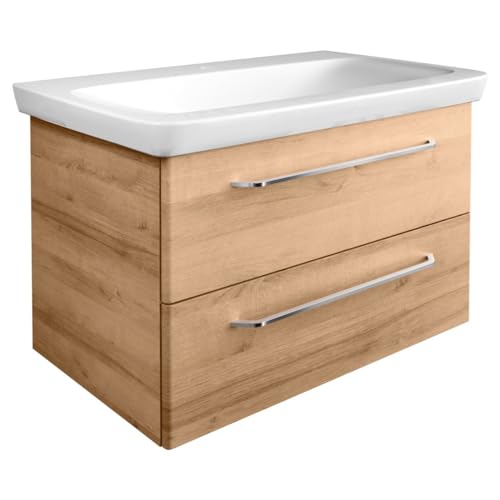 FACKELMANN Milano Waschbeckenunterschrank mit Schubladen – Unterschrank für Waschtisch im Bad (80 cm x 49,5 cm x 48 cm) – Badschrank hängend in Holz braun von FACKELMANN