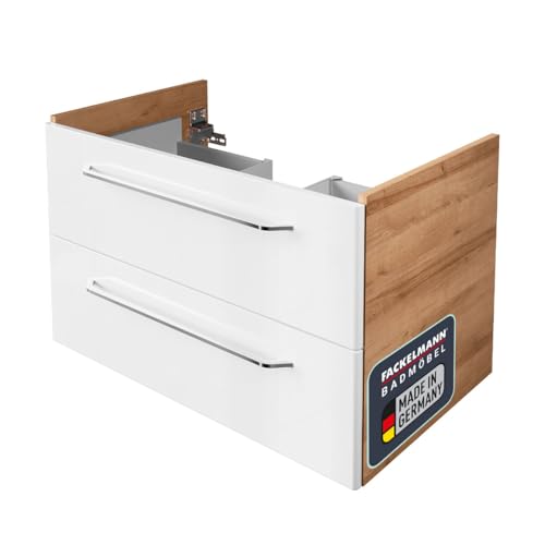 FACKELMANN Milano Waschbeckenunterschrank mit Schubladen – Unterschrank für Waschtisch im Bad (80 cm x 49,5 cm x 48 cm) – Badschrank hängend in Weiß mit Holz braun von FACKELMANN