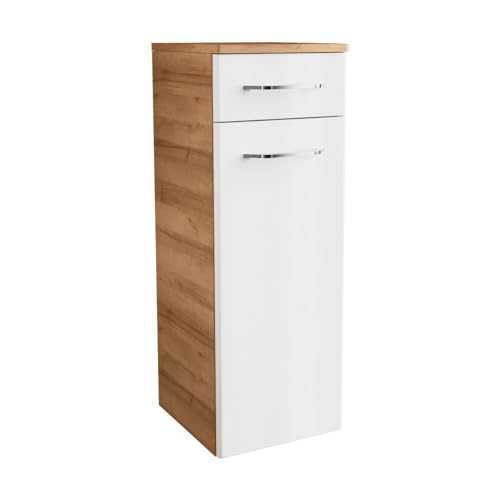 FACKELMANN Milano Midischrank mit Tür und Schublade – Schrank für Badezimmer (30,5 cm x 83 cm x 32 cm) – Badschrank hängend in Weiß mit Holz braun von FACKELMANN