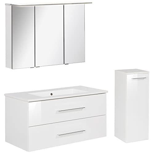 FACKELMANN weisses Badmöbel Set B.Perfekt 3-TLG. mit Waschtisch Unterschrank inkl. Keramikbecken hängend 100 cm & LED Spiegelschrank von FACKELMANN