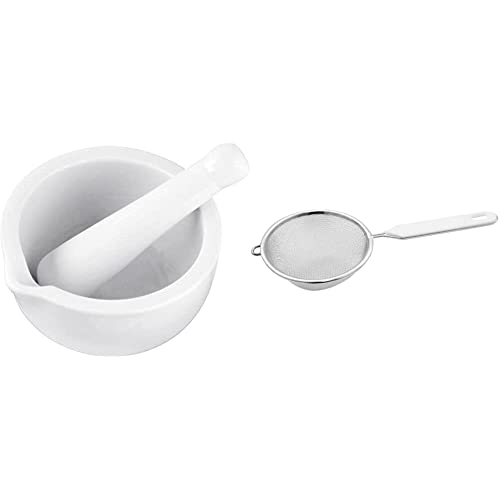 Fackelmann Mörser und Stößel, Gewürzmörser aus Porzellan (Weiß), 1 Stück & Sieb Ø 10 cm, Küchensieb aus Edelstahl, feinmaschiger Seiher mit Griffeinlage aus Kunststoff (Weiß/Silber), 1 Stück von FACKELMANN
