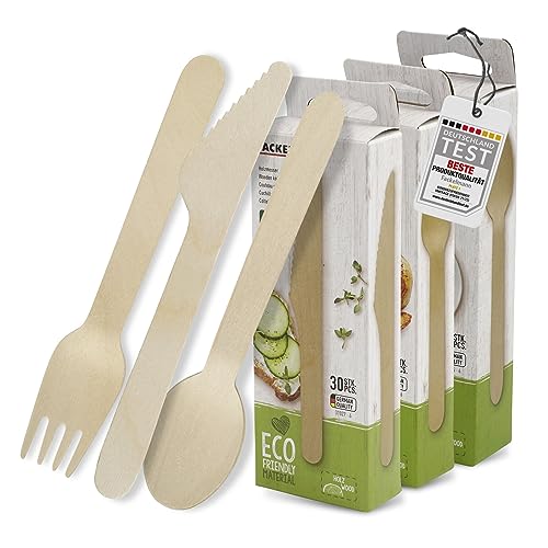 Holzbesteck Set aus Birke – Praktisches Mehrweg Besteck für Camping, Grillen oder Party – Biologisch abbaubar, gut für die Umwelt – 30 Messer, 30 Löffel & 30 Gabeln von FACKELMANN