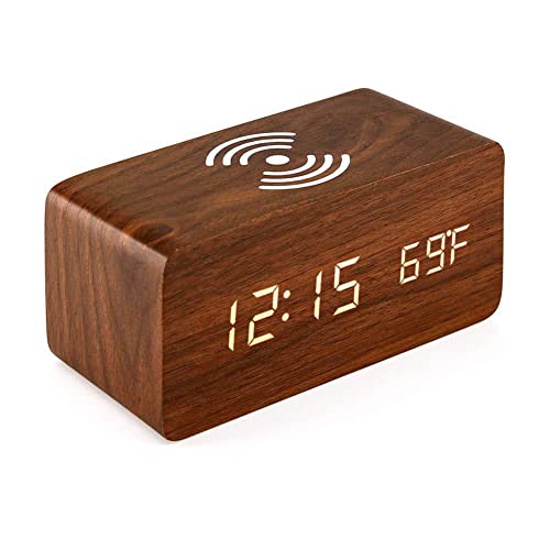 Digitaler Wecker aus Holz mit kabellosem Laden, LED-Uhr mit 3 Alarmeinstellungen, Temperaturanzeige, einstellbare Helligkeit für Schlafzimmer, Schreibtisch, Kinder von FACULX