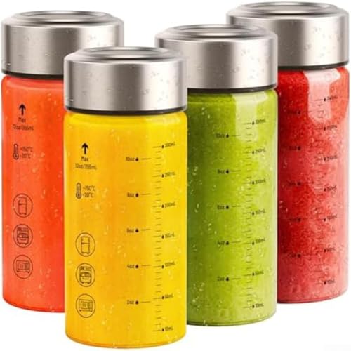 FACULX Glas-Saftflaschen, 4 Stück mit Deckel, wiederverwendbare Glasflaschen für Saft, Eiskaffee, Milch, Smoothies, auslaufsichere Deckel, für Zuhause, Café, Picknick (7 x 15 cm, 350 ml) von FACULX