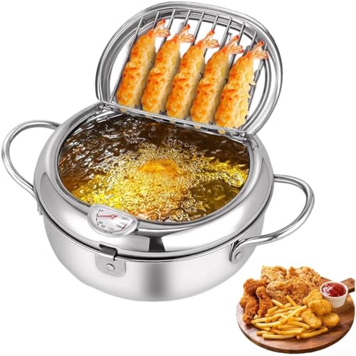 FACULX Japanischer Fritteusentopf aus Edelstahl mit Thermometer und Abtropfgestell für perfekte Tempura, für Pommes Frites und Hühnerbraten in der Küche (C) von FACULX
