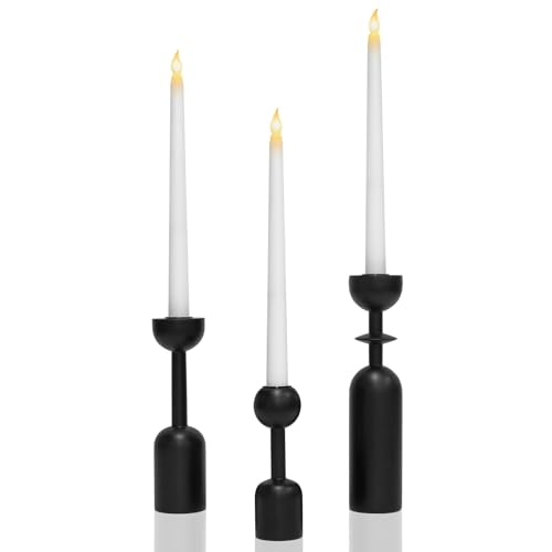 FAEFTY Kerzenständer Holz 3er-Set + 6 Stück LED Elektrische Kerze, Kerzenhalter Schwarz Kerzenständer Stabkerzen für Esstisch, Wohnzimmer, Schlafzimmer von FAEFTY