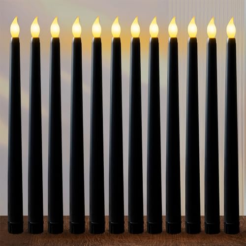 FAEFTY LED Kerzen Schwarz, 12 Stück Flammenlose LED Stabkerzen Tafelkerzen, Batteriebetriebene Kerzen, Elektrische Kerzen Lang für Weihnachten, Erntedankfest, Candlelight Dinner(2.1 x 28 cm) von FAEFTY