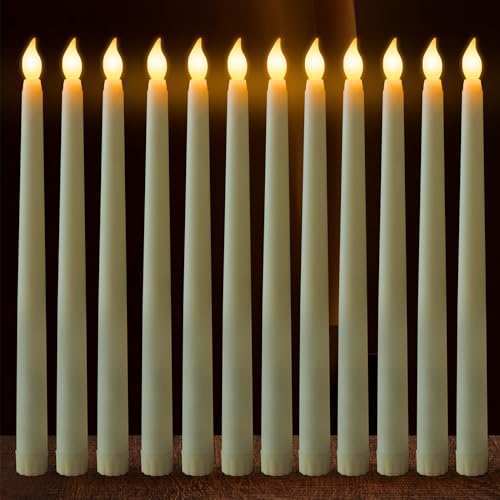 FAEFTY Led Stabkerzen Flackernde Flamme, 12 Stück Elektrische Kerzen, Flammenlose Kerzen Tafelkerzen, Batteriebetriebene LED Kerzen Lang für Weihnachten, Partys, Hochzeit (Elfenbein) von FAEFTY