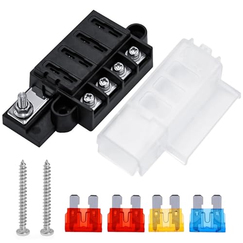 4-Wege-Flachsicherungsblock 12V Sicherungshalter Sicherungsträger mit 4pcs Standard Flachsicherungen (5A 10A 10A 15A) für Automobile, PKW, LKW, Boot, Marine, Wohnmobil von FAELNK