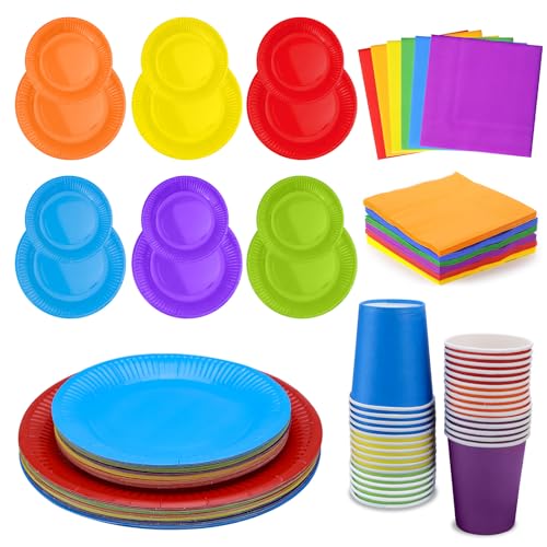 Buntes Partygeschirr Set 120 Stück Pappteller Bunt Set Bunte Rund Party Teller Pappbecher Servietten 6 Farben für Geburtstag Urlaub und Feiern oder Grillabend DIY Malerei (30 Personen) von FAELNK
