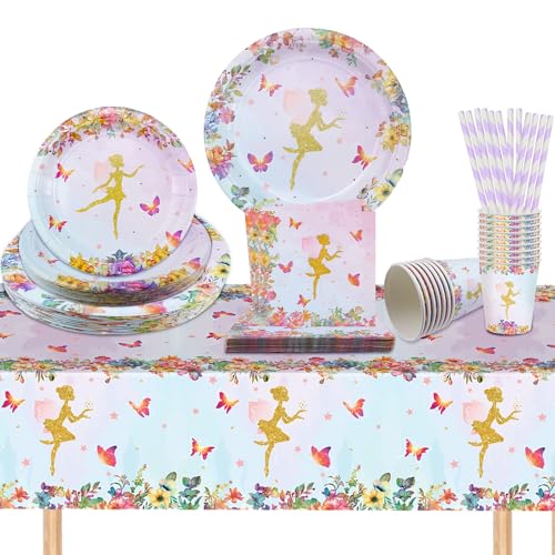FAELNK 101 Stück Fee Partygeschirr Kindergeburtstag Set Schmetterling & Fee Partygeschirr Set Feen Geburtstag Deko Geburtstagsteller Tischdecke Pappbecher Strohhalme Servietten für 20 Gäste von FAELNK