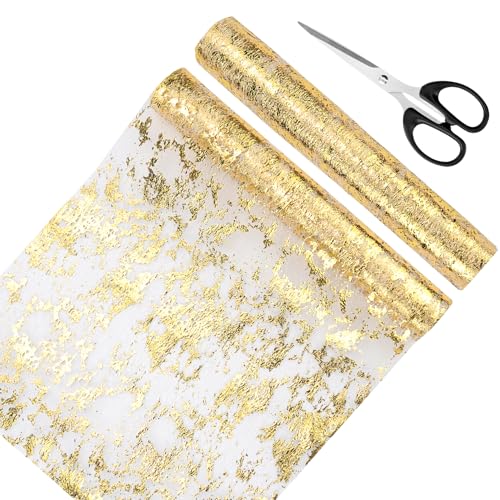 Tischläufer Gold Rolle 2 Stück Dekostoff Gold Tischdeko 10Mx28CM Polyester Tischläufer Glitzer Tüll für Hochzeiten, Geburtstage, Weihnachten, Party, Taufen usw (Gold) von FAELNK