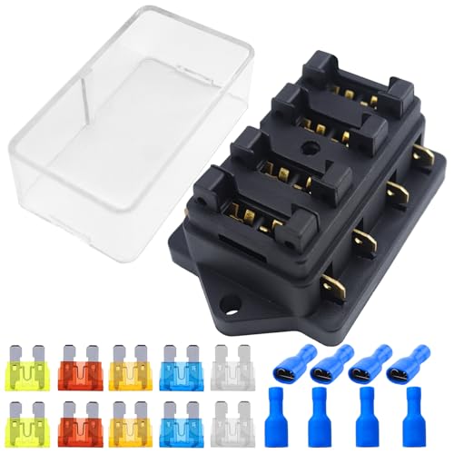 kfz Sicherungshalter Flachsicherung 4-Fach Sicherungshalter max. 32V DC mit 10pcs Standard Flachsicherungen (5A 10A 15A 20A 25A) für Auto, Boot, Boot, Wohnmobil von FAELNK