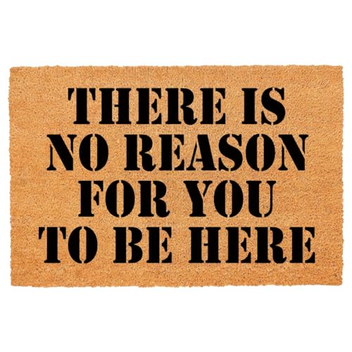 Funny There is No Reason for You to Be Here Fußmatte für den Eingangsbereich, mit robuster PVC-Unterseite, rutschfest, kursiv, natürliche Kokosfaser, braune Matte mit schwarzer Schrift, 60,2 x 39,9 cm von FAGGMY